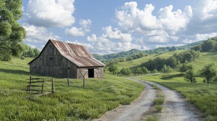 Obraz premium Serene Countryside Charm - Ultra-Detailed Image of Rustic Barn Against Green Hills and Dirt Road
