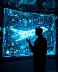 Futuristic Air Travel Concept: Silhouette of a Person Analyzing Digital Airplane Blueprints