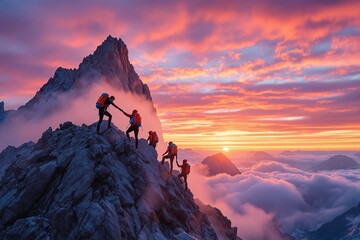 Adventurous Climbers Ascend Majestic Mountain Peak at Sunrise Over Fiery Skies