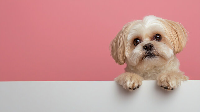 Adorable shih tzu puppy against pink background looking curious - Powered by Adobe