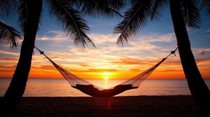 Serene beachside hammock tied between two palm trees, overlooking the ocean at sunset, perfect summer relaxation