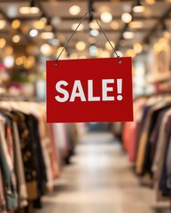 Vibrant Sale Sign Hanging in a Chic Clothing Store with Blurry Fashion Merchandise in the Background