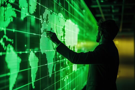 A professional interacting with a digital map on a glowing green display.