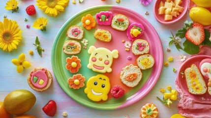 A colorful assortment of decorated snacks and sweets arranged on a vibrant plate.