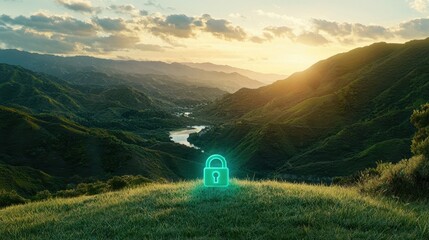 Cyber systems, A serene landscape featuring a glowing lock symbolizing security in nature, with mountains and a river at sunset.