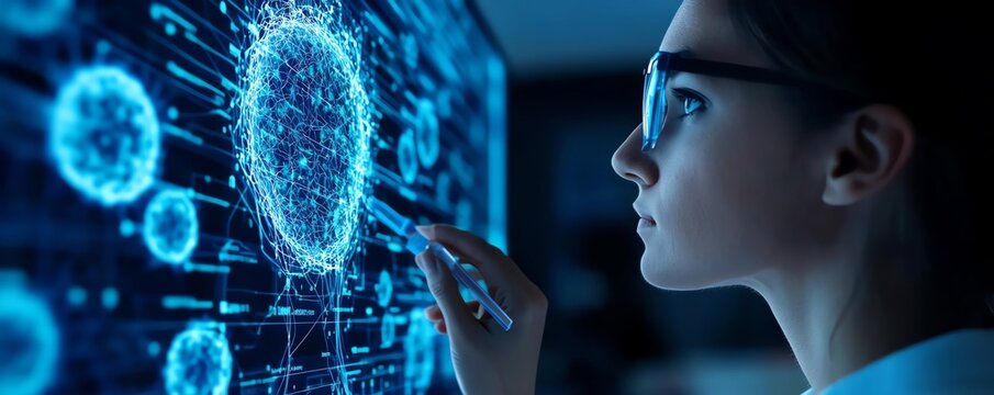 Researcher using AI algorithms to predict cellular behavior in immune therapies, immune therapy AI, advanced modeling