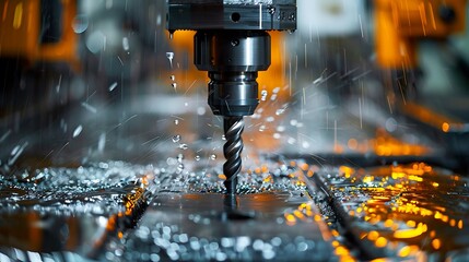 Close-up of a CNC machine drilling a metal workpiece with coolant spray

