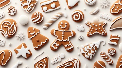 Assorted decorated gingerbread cookies with festive shapes and white icing on a light background