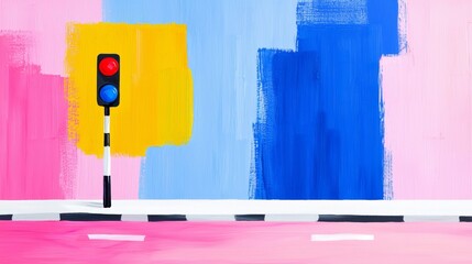 It symbolizes urban traffic flow and control by juxtaposing a traffic light with vibrant graffiti.