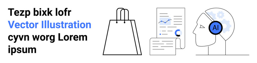 AI headset worn by a head with gears, shopping bag, and financial documents with graphs and charts. Ideal for technology, artificial intelligence, e-commerce, data analytics, business strategy