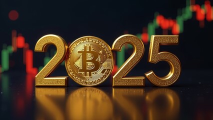 2025 gold numbers on stock charts, bitcoin, digital currency, new year, christmas