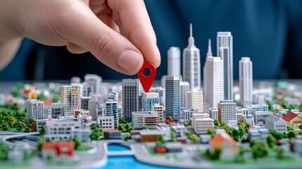 On a city map model, a red pin indicates a location, symbolic of navigation tools.