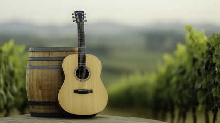 serene vineyard scene featuring acoustic guitar beside barrel