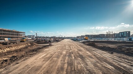 Construction Site with Clear Sky and Empty Road for Future Development and Building Projects