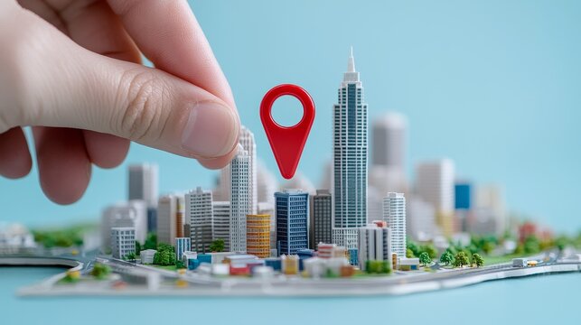 Symbolizing location marks on city map model, a hand places a red pin on it. Navigational tools are displayed on the map.