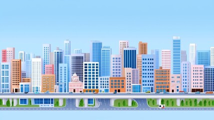 Fototapeta premium A cityscape with highways and skyscrapers represents modern urban planning and infrastructure.