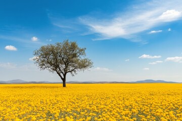 Obraz premium Vibrant yellow flower field with a solitary tree under a clear blue sky in a rural landscape