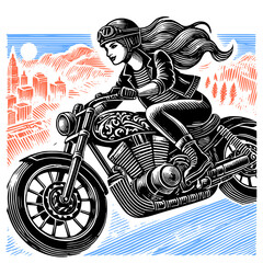 Female biker riding motorcycle vector illustration in woodcut engraving style