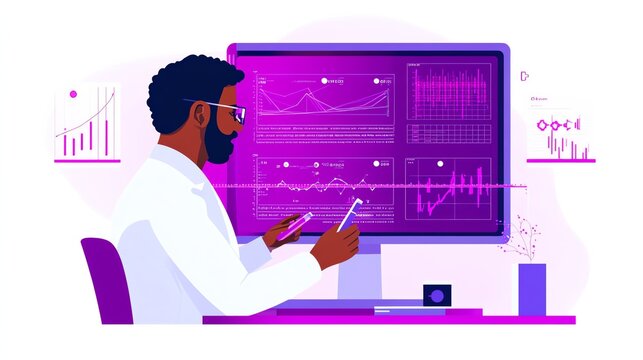 Scientist using bioinformatics to analyze cellular pathways in large datasets, bioinformatics cellular research, data-driven biology