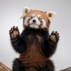 Obraz premium Red Panda Cub Sitting Up, Paw Raised, Adorable