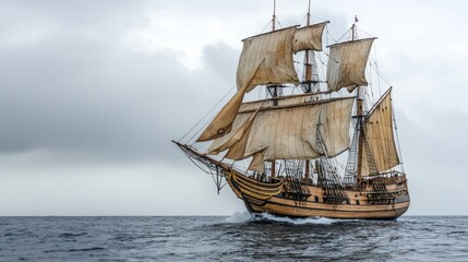 Majestic Sailing Ship at Sea Under Cloudy Skies