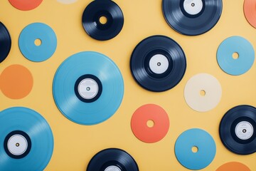 Collection of colorful music CDs displayed on a table in a vibrant record store