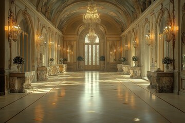 Obraz premium A large, empty room with a chandelier hanging from the ceiling