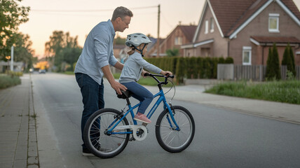Obraz premium Father Teaching Daughter to Ride Bike on Street