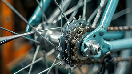 Fototapeta premium A close-up shot of a bicycle's rear wheel and cassette, highlighting the intricate details of the gears and chain.