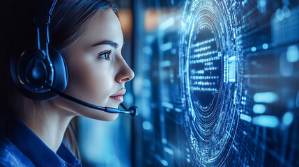 Young caucasian female in tech environment with headset analyzing digital interface