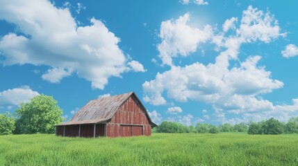 Obraz premium Serene Countryside Charm: Ultra-Detailed Photorealistic Image of Weathered Red Barn in Lush Green Meadows under Clear Blue Sky