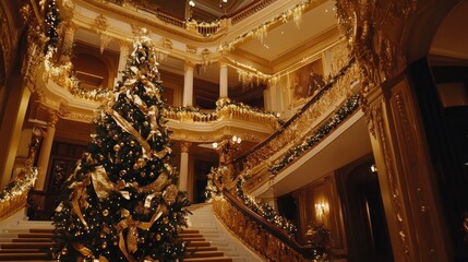 Obraz premium A beautifully decorated interior featuring a grand Christmas tree and elegant staircase.