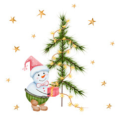 A snowman stands under a Christmas tree with a gift. Watercolor Christmas composition with garland and stars. Hand drawn holiday card. Isolated on a white background. For printing, cards, invitations