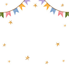 Garland and stars. Square holiday frame. Watercolor hand drawn greeting composition isolated on a white background. For printing on cards, wallpaper, scrapbooking and diplomas