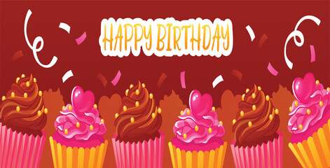 Birthday Card with Cupcakes and Party Elements on Red Background
