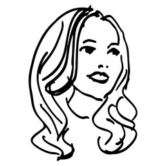 Portrait of a beautiful blonde lady with loose hair. Head of a pretty smiling girl. Hand drawn linear doodle rough sketch. Black and white silhouette.