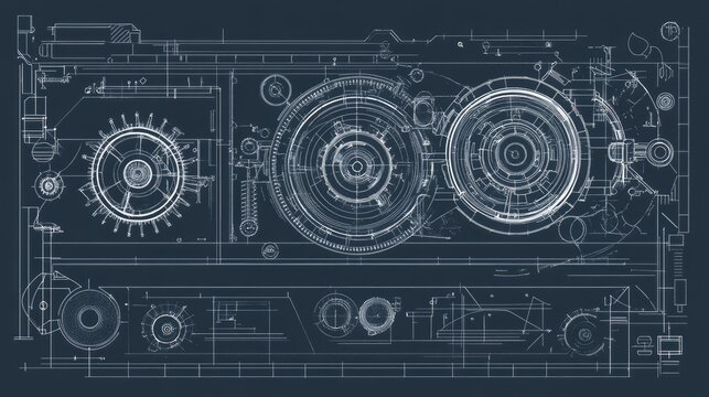 Technical blueprint with intricate gear designs for engines or watches.

