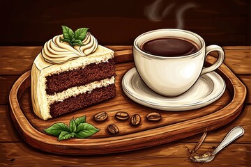 A cozy scene featuring a slice of cake, coffee, and coffee beans on a wooden tray.