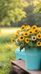 Fototapeta premium Vintage truck decorated with sunflowers during golden hour in a flower field