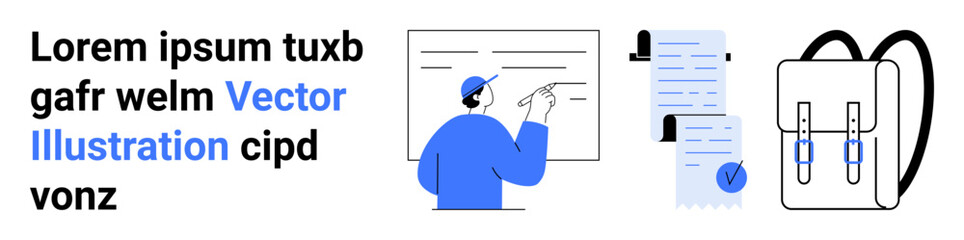 Character writing on whiteboard, documents with attached clipboards, and a backpack. Ideal for educational content, e-learning platforms, online courses, student resources, academic presentations