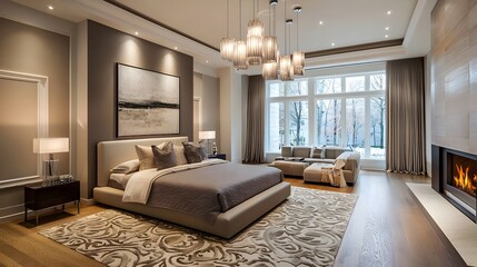 Fototapeta premium Sophisticated modern bedroom design with luxurious decor and elegant lighting
