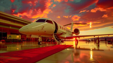 A private plane near a luxurious terminal, a red carpet unfolded