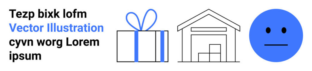 Gift box with blue ribbon, house outline, and blue neutral face icon. Ideal for holiday themes, home concepts, emoticons, design projects, packaging marketing strategies educational tools. Landing