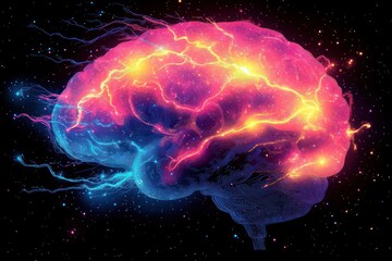 Naklejka premium A vibrant, stylized brain illustration with electric energy, symbolizing thought and creativity.