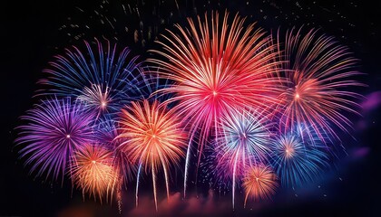 Brightly colored fireworks in purple, orange, and blue filling the night sky, with shimmering lights fading into darkness