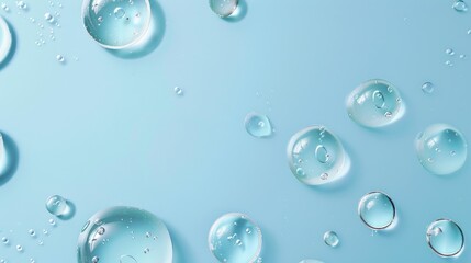 Elegant cosmetic droplets on blue background for skincare branding.