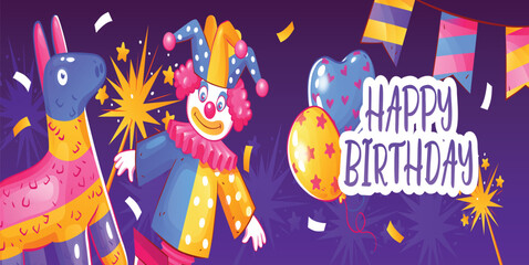 Birthday Party Illustration with Clown, Balloons, and Confetti