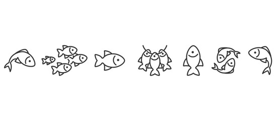 Fishes icons set. Fishing icon. Fish line icon set, Fish related icons thin vector set. Fish icon in transparent background. Editable stroke. Eps10