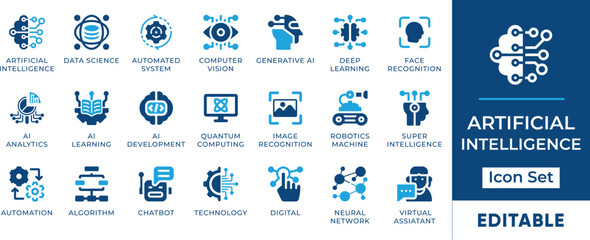 Artificial Intelligence Icon Set. Includes global, creativity, illustration, algorithm, futuristic, cyberspace, and technology
