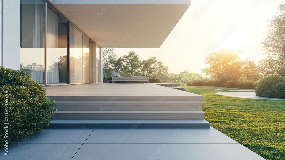 Wall mural Modern patio with steps, overlooking a green landscape at sunset.